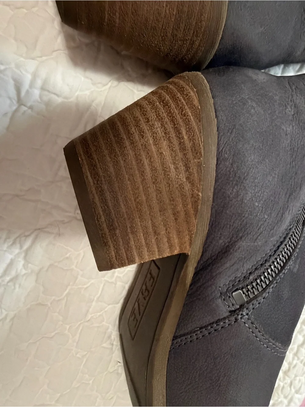 Frye Dark Gray Leather Ankle Booties with Stacked Heel
